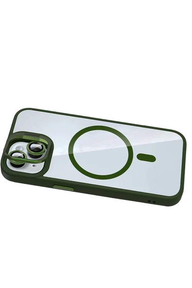 Apple iPhone 13 Remim Lensli Magsafe Standlı Kapak - Koyu Yeşil - Resim 4