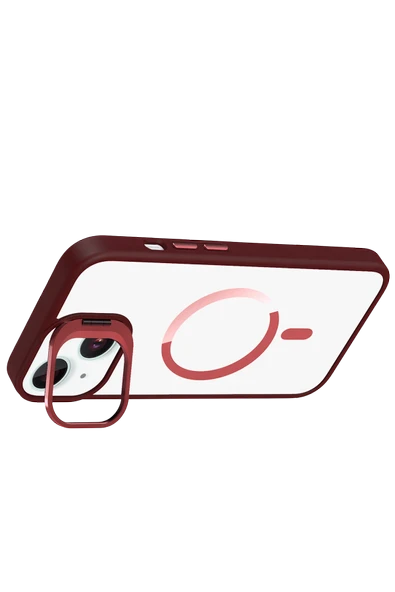 Apple iPhone 13 Remim Lensli Magsafe Standlı Kapak - Bordo - Resim 3