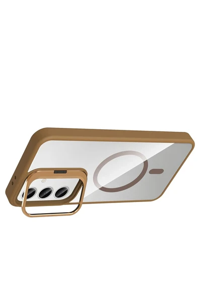 Samsung Galaxy S25 Remim Lensli Magsafe Standlı Kapak - Kahverengi - Resim 2