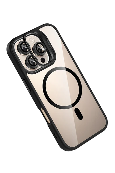 Apple iPhone 16 Pro Max Remim Lensli Magsafe Standlı Kapak - Siyah - Resim 7