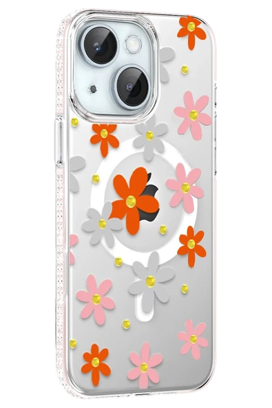 Apple iPhone 15 Floral Magsafe Kapak - Turuncu ürün görseli 1