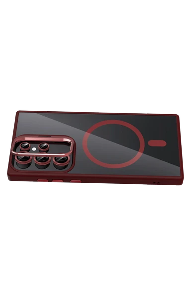 Samsung Galaxy S25 Ultra Remim Lensli Magsafe Standlı Kapak - Bordo - Resim 3