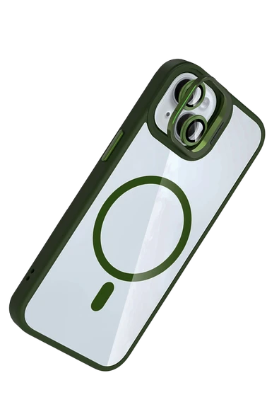 Apple iPhone 13 Remim Lensli Magsafe Standlı Kapak - Koyu Yeşil - Resim 3