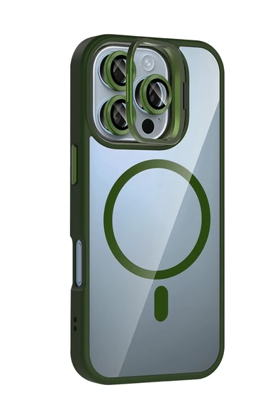 Apple iPhone 16 Pro Max Remim Lensli Magsafe Standlı Kapak - Koyu Yeşil - Resim 4