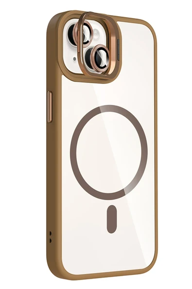 Apple iPhone 13 Remim Lensli Magsafe Standlı Kapak - Kahverengi - Resim 2