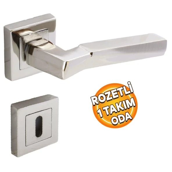 Kare Rozetli Oda Kapı Kolu Sağa ve Sola Uygun Nikel Saten 1 Takım - Resim 2