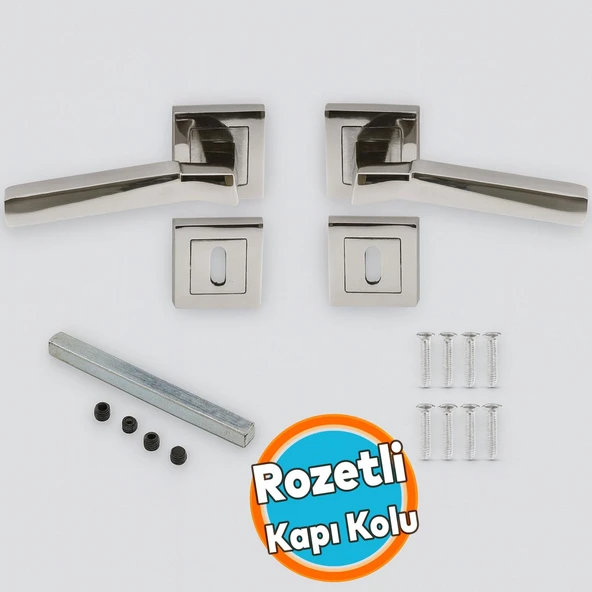Kare Rozetli Oda Kapı Kolu Sağa ve Sola Uygun Nikel Saten 1 Takım ürün görseli