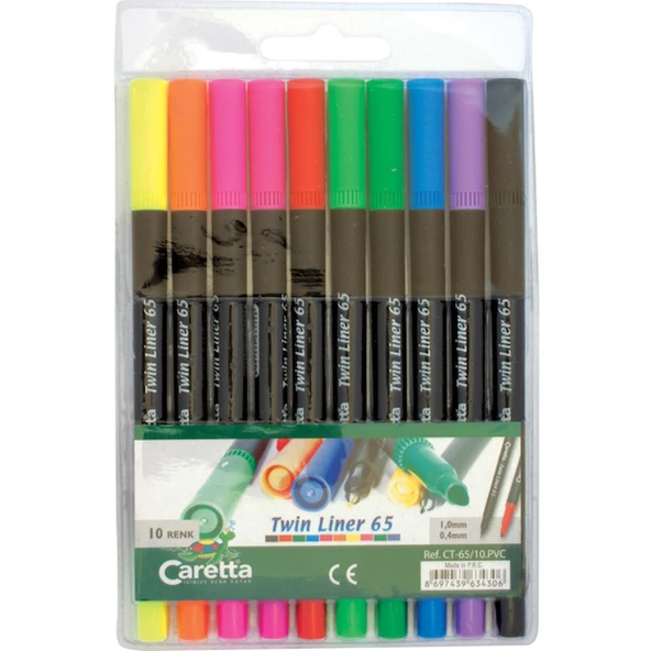 Caretta Twinliner Çift Uçlu Keçeli Kalem 0.4 MM-1.0 MM 10 LU Karışık Renk CT-65 ürün görseli
