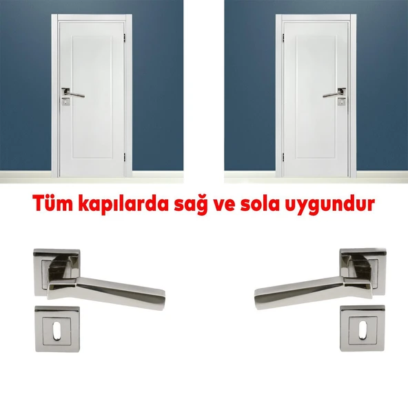 Kare Rozetli Oda Kapı Kolu Sağa ve Sola Uygun Nikel Saten 1 Takım - Resim 4