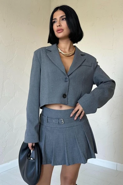 Gri Bomber Ceket Ve Pileli Etek Takım - 2