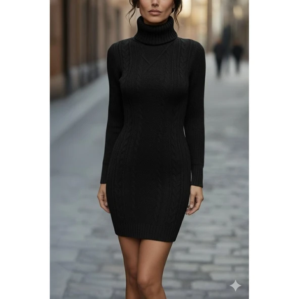 Lucky Life Kadın Uzun Kollu Balıkçı Yaka Kısa Triko Elbise - Resim 2