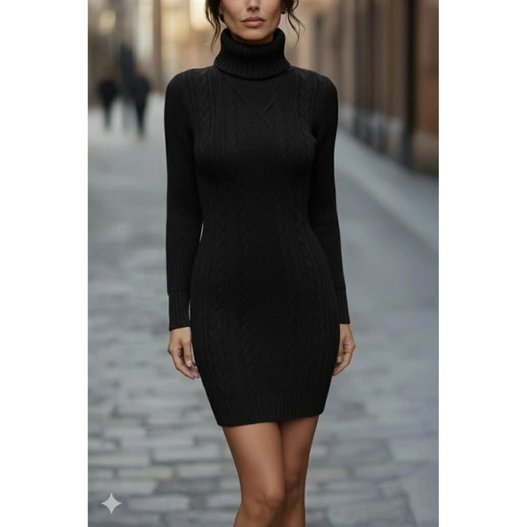 Lucky Life Kadın Uzun Kollu Balıkçı Yaka Kısa Triko Elbise - Resim 3