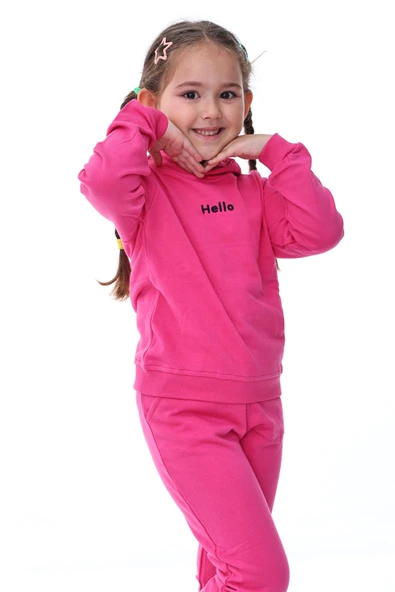 Kapüşonlu Hello Nakış Baskılı Basic Pembe Çocuk Eşofman Takımı - Resim 6