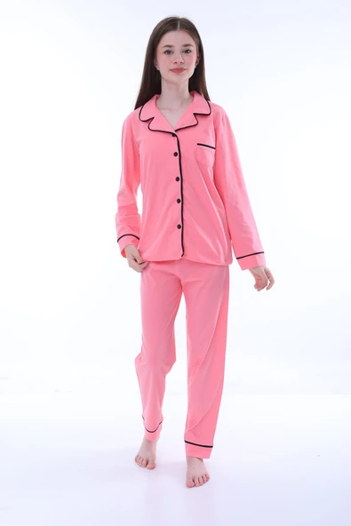 Gömlek Yaka Cep Detaylı Lila Kız Çocuk Pijama Takımı - Resim 6