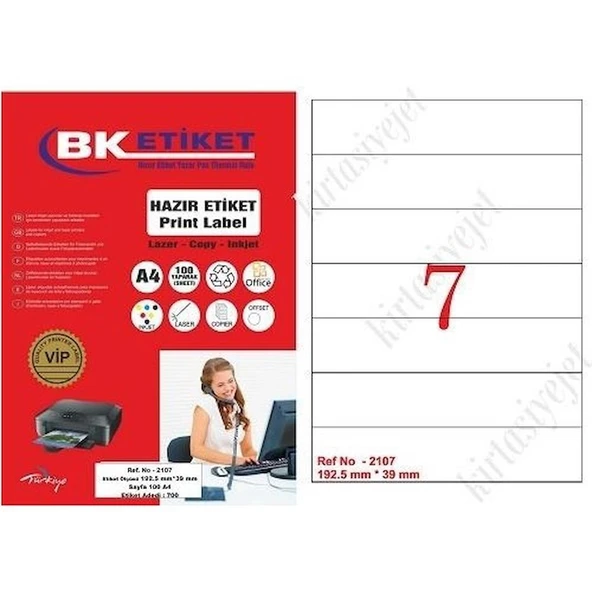 PİA Lazer Etiket tw-2107 100 A4 Sayfa Lazer Etiket 192,5 x 39 mm Boyutunda 1 A4 Sayfada 7 Etiket ürün görseli