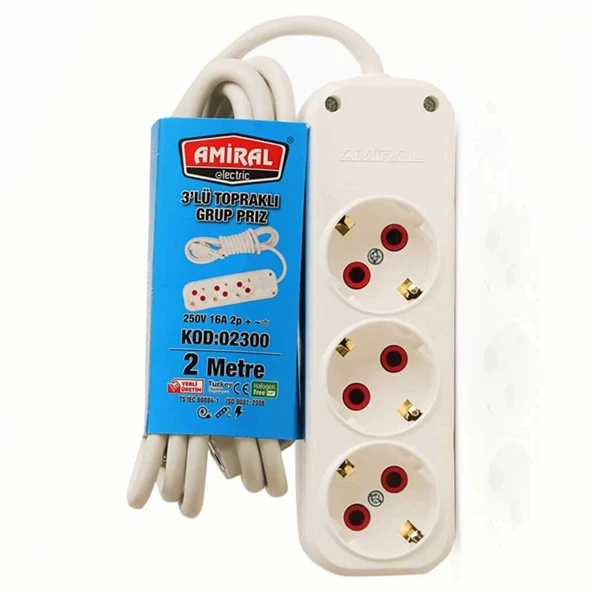 pilelistore 3 lü Topraklı 2 Metre Kablolu Grup Priz