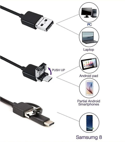 pilelistore Endoskop 3 in 1 Yılan Kamera USB Micro Usb Type-C 2M Sert Kablo - 2