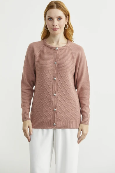 Bisiklet Yaka Motifli Triko Hırka - Gül