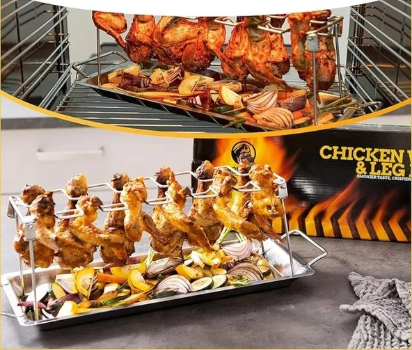 Tavuk Pişirme Aparatı Izgara Mangal ve Fırın için Tavuk Kanadı Baget Barbekü Pişirme Damlama Tepsisi - 4