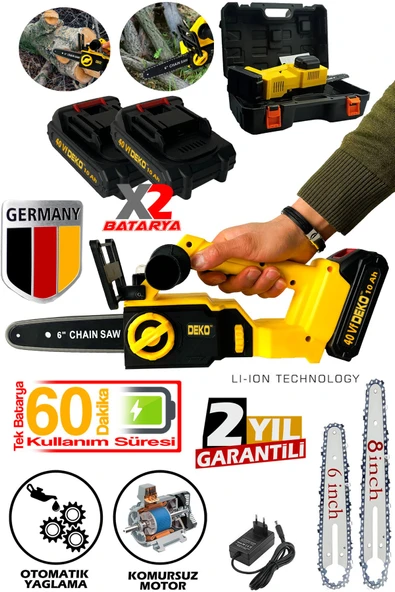 Deko Şarjlı Dal Budama Kesme Testeresi Çift Palalı x2 Akü 40VF Kömürsüz Motor Ağaç Kesme Testeresi - Resim 2