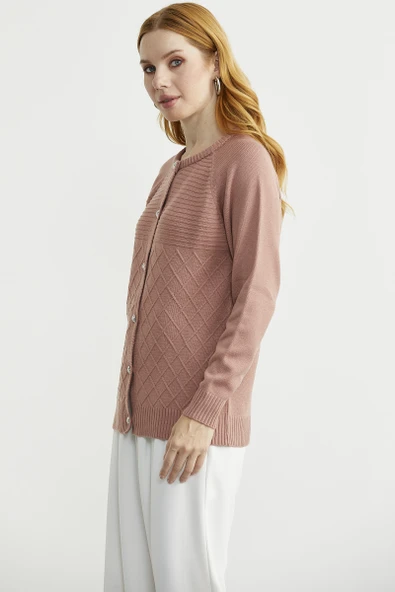 Bisiklet Yaka Motifli Triko Hırka - Gül - 4