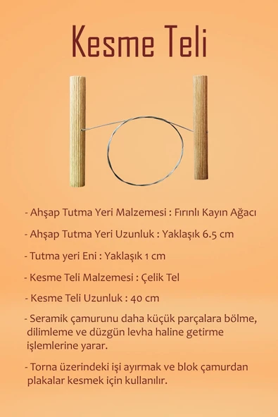 Ebeşuar Seti 5'li Kil Şekillendirme Seti Çamur Kesme Teli Ahşap Merdane Oyun Hamuru Merdanesi - Resim 3