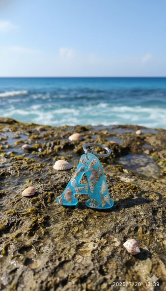 Reçine Harf Anahtarlık (A)- Gerçek Deniz Kabuğu ve Mavi Deniz Esintisi - Resim 4