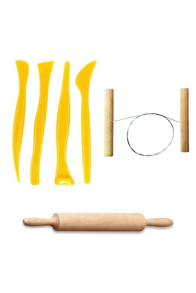 Plastik Ebeşuar Seti 4'lü Seramik Seti Çamur Kesme Teli Ahşap Merdane Oyun Hamuru Merdanesi ürün görseli