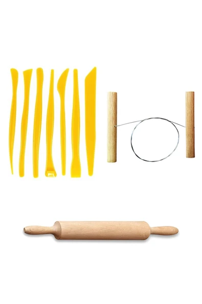 Plastik Ebeşuar Seti 7'li Seramik Seti Çamur Kesme Teli Ahşap Merdane Oyun Hamuru Merdanesi ürün görseli