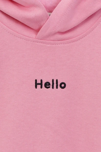 Kapüşonlu Hello Nakış Baskılı Basic Pembe Çocuk Eşofman Takımı - Resim 4