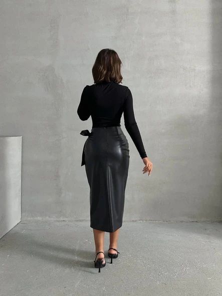 Kuşaklı uzun deri etek siyah h26414 - Resim 2
