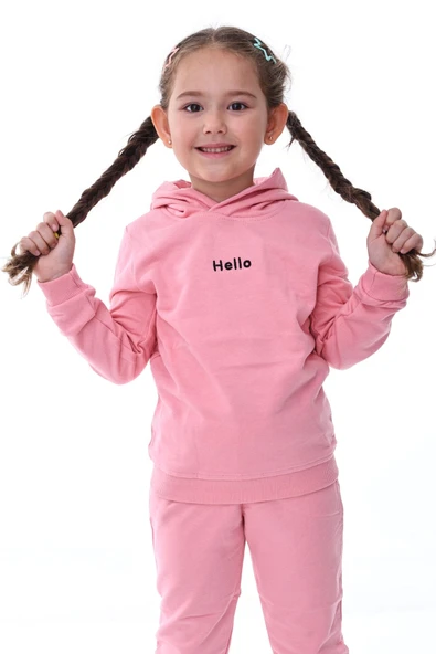 Kapüşonlu Hello Nakış Baskılı Basic Pembe Çocuk Eşofman Takımı - Resim 6