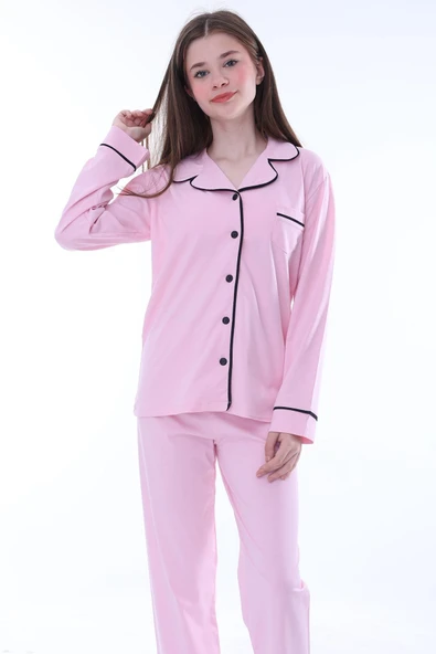 Gömlek Yaka Cep Detaylı Lila Kız Çocuk Pijama Takımı - Resim 4