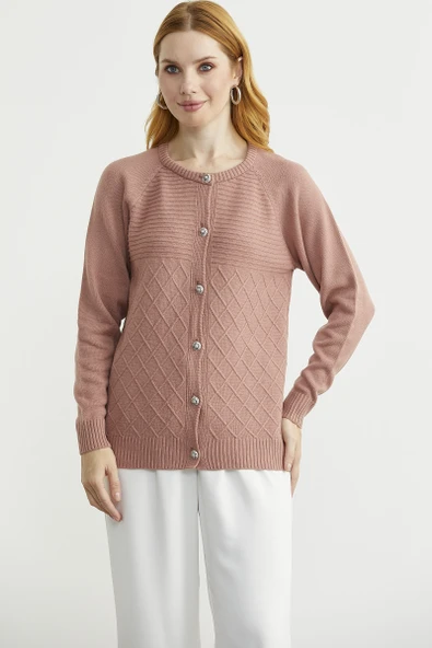 Bisiklet Yaka Motifli Triko Hırka - Gül - 2