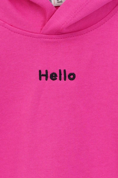 Kapüşonlu Hello Nakış Baskılı Basic Pembe Çocuk Eşofman Takımı - Resim 4