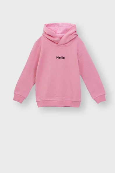 Kapüşonlu Hello Nakış Baskılı Basic Pembe Çocuk Eşofman Takımı - Resim 2