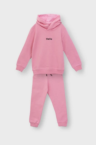 Kapüşonlu Hello Nakış Baskılı Basic Pembe Çocuk Eşofman Takımı ürün görseli