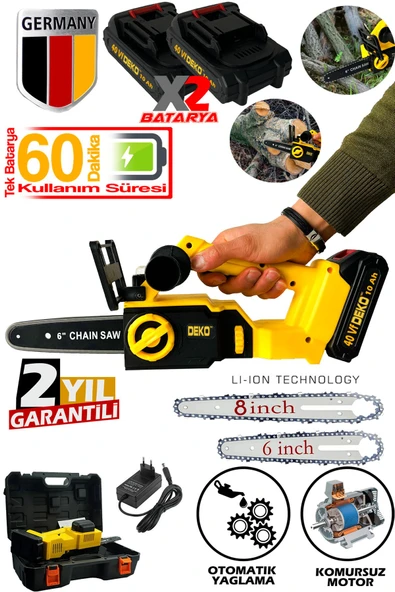 Deko Şarjlı Dal Budama Kesme Testeresi Çift Palalı x2 Akü 40VF Kömürsüz Motor Ağaç Kesme Testeresi ürün görseli 1