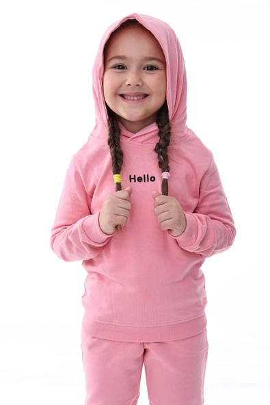 Kapüşonlu Hello Nakış Baskılı Basic Pembe Çocuk Eşofman Takımı - Resim 7