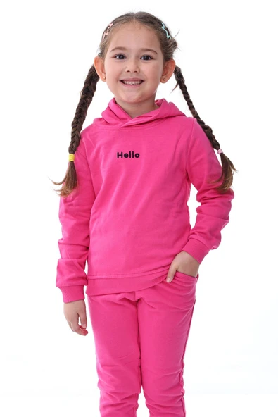 Kapüşonlu Hello Nakış Baskılı Basic Pembe Çocuk Eşofman Takımı - Resim 7