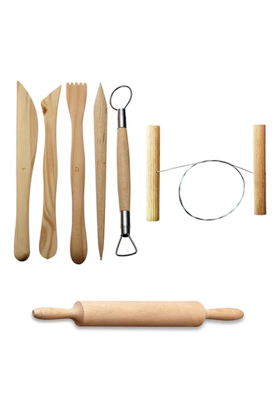 Ebeşuar Seti 5'li Kil Şekillendirme Seti Çamur Kesme Teli Ahşap Merdane Oyun Hamuru Merdanesi ürün görseli