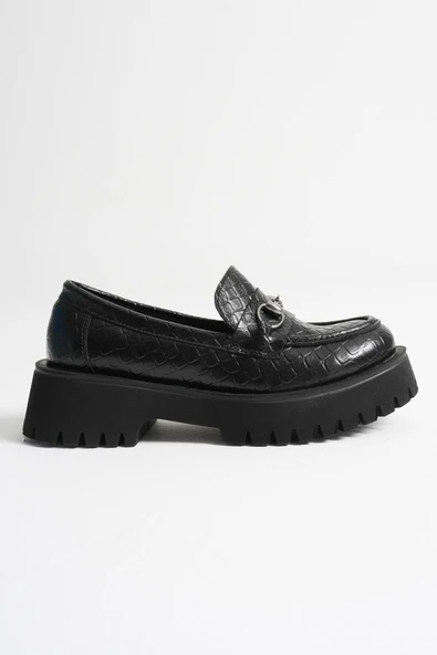 Aral Toka Detaylı Siyah Kroko Baskılı Günlük Loafer Ayakkabı - 3