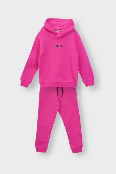 Kapüşonlu Hello Nakış Baskılı Basic Pembe Çocuk Eşofman Takımı ürün görseli