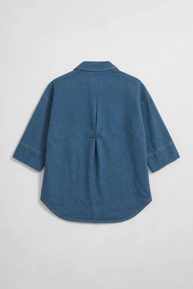 Kadın Rahat Kalıp Mavi Jean Gömlek - 3