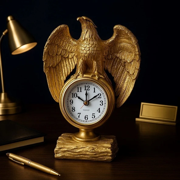Çalışma Alanınıza Şıklık Katın Güçlü İhtişamlı Altın Renkli Kartal Heykeli Masa Saati Biblo 21x13 Cm - Resim 3