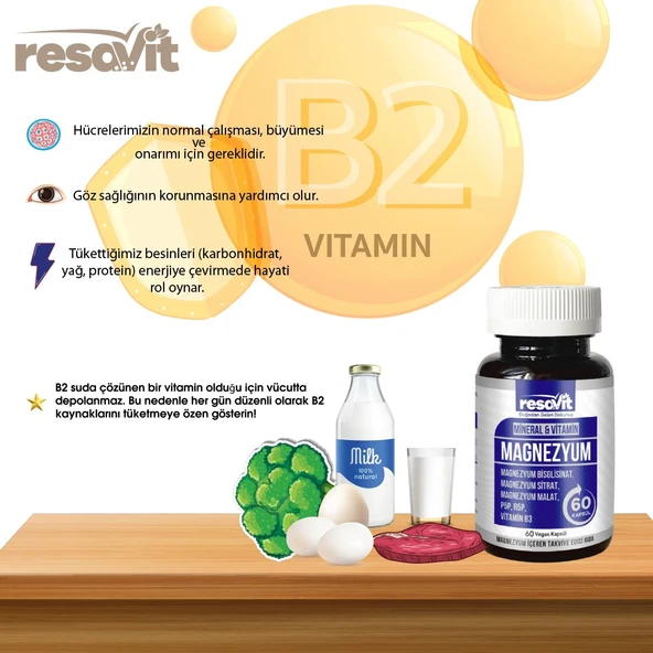RESAVİT Magnezyum 3’Lü Form (Bisglisinat-Sitrat-Malat) + Vitamin (B2, B3, B6) 60 Bitkisel Kapsül - 6