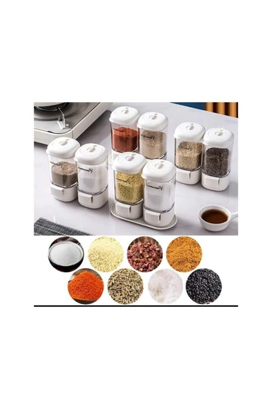 8li Tuşlu Basmalı Baharatlık Seti Gramaj Ayarlı Tuzluk Şekerlik Tuz Biber Baharat Saklama Kabı 140ml ürün görseli 1