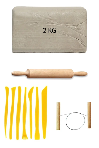 Beyaz Seramik Hamuru 2 kg Plastik Ebeşuar Seti Kil Seti Seramik Kili Ahşap Merdane Çamur Kesme Teli ürün görseli