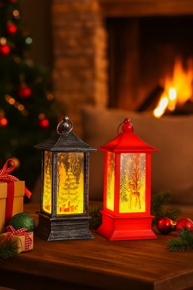 Yeni Yıl Noel Temalı 2 Li Set Işıklı Yılbaşı Feneri Çam Ağacı & Bambi Figürlü Kandili Fener 14 Cm ürün görseli