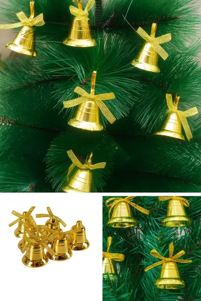 12’li Sarı Kurdeleli Çan Zili Noel Çam Ağacı Süsü Şık Yılbaşı Çam Ağacı Süsleri 3 Cm Ev Ofis Dekoru - Resim 2